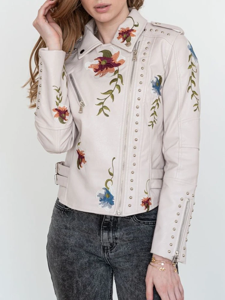Lady Spring Autumn Women Retro Floral Print Embroidery Faux Leather Jacket Vintage Female Zipper Rivet Coat Outwear Tops
