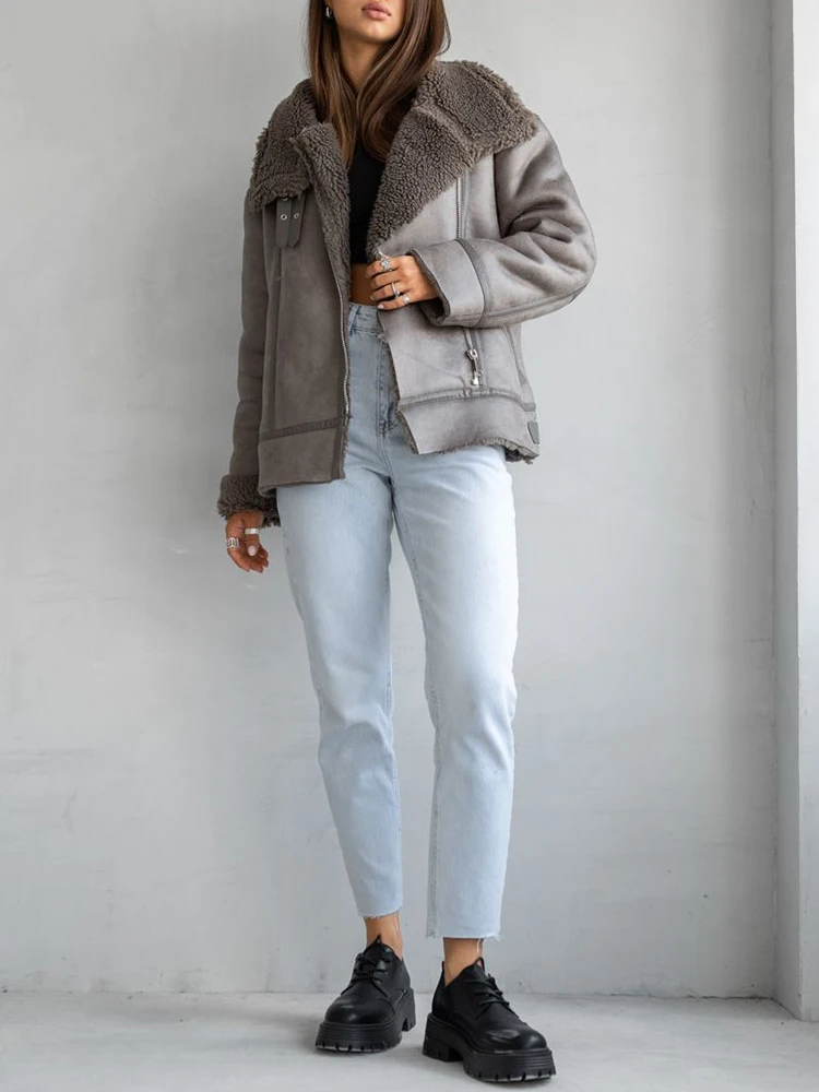 Lady Autumn Winter Women Loose Thick Warm Faux Suede Leather Fur Jacket Streetwear Female Vintage Spliced Coat Chic Outwear - Image 5