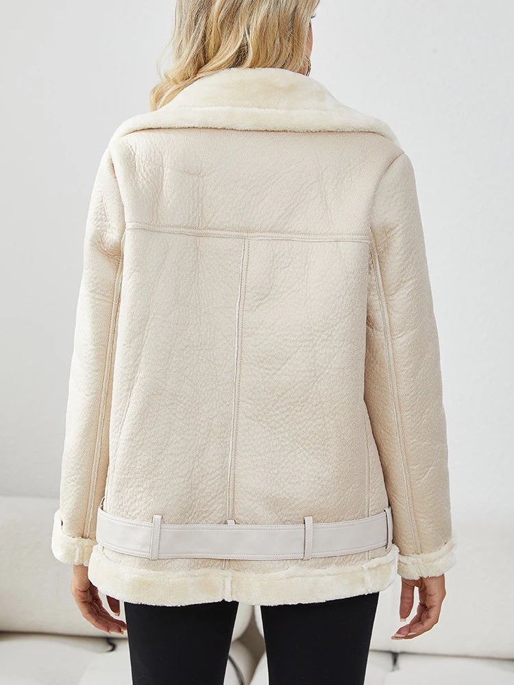 Lady Streetwear Women Thick Warm Fuax Leather Fur Jacket with Belt Autumn Winter Female Moto Biker Loose Coat Outwear - Image 6
