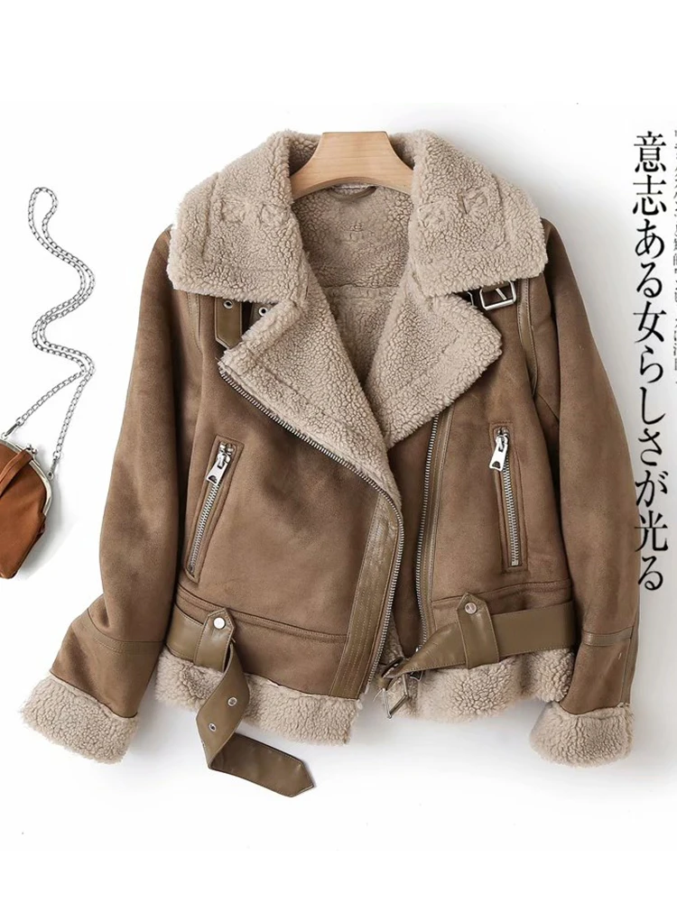 Lady Women Winter Faux Shearling Sheepskin Leather Jackets Female Thick Warm Suede Lambs Short Motorcycle Brown Coat Outwear