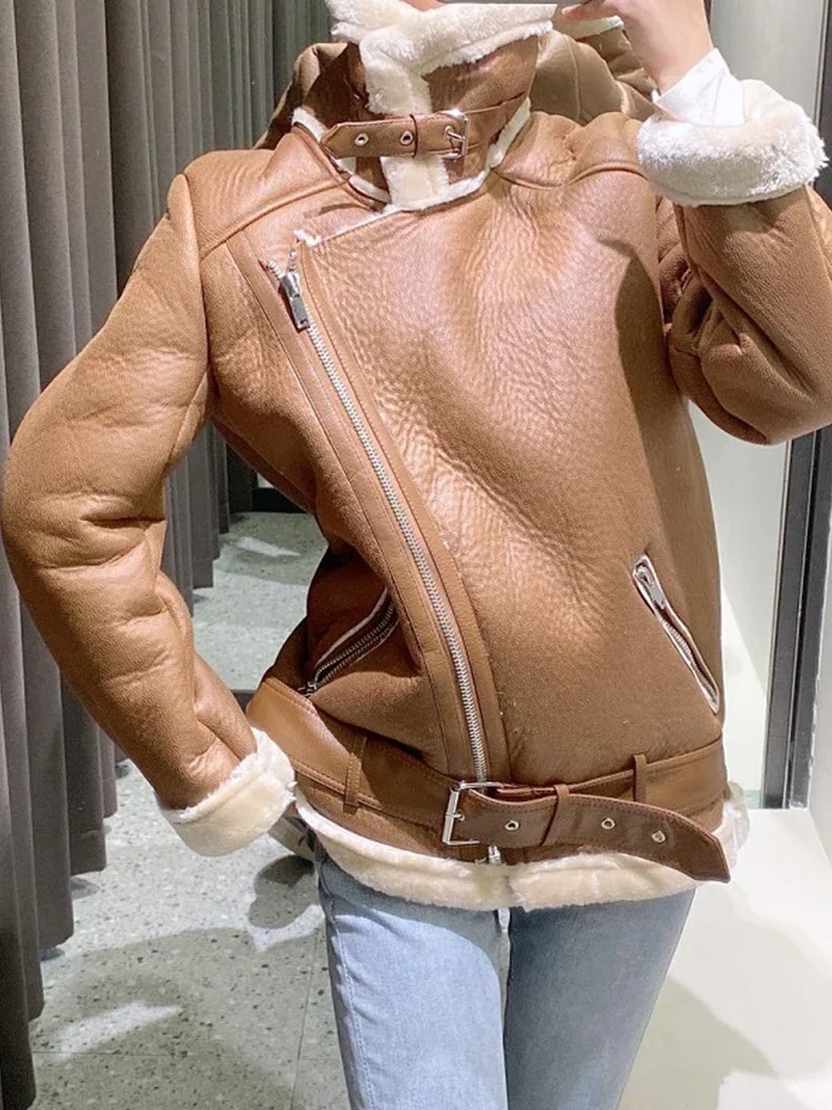 Lady Women Winter Warm Thick Windproof Motorcycle Coat with Belt Brown Suede Jacket Faux Lamb Leather Jacket Outwear - Image 2