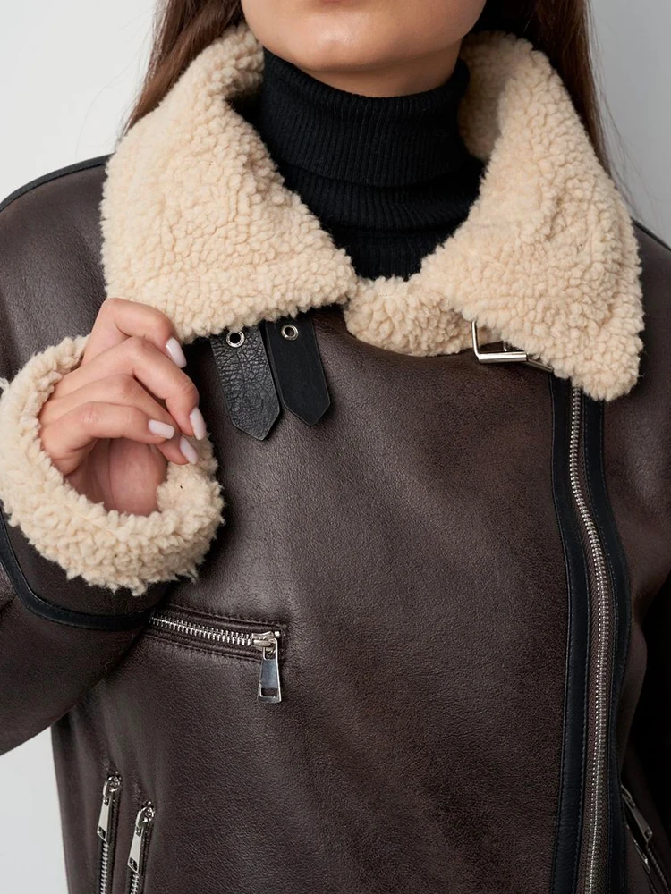 Lady Streetwear Women Loose Warm Faux Leather Lamb Fur Jacket Vintage Female Zipper Belt Spliced Thick Chic Coat Outwear - Image 3