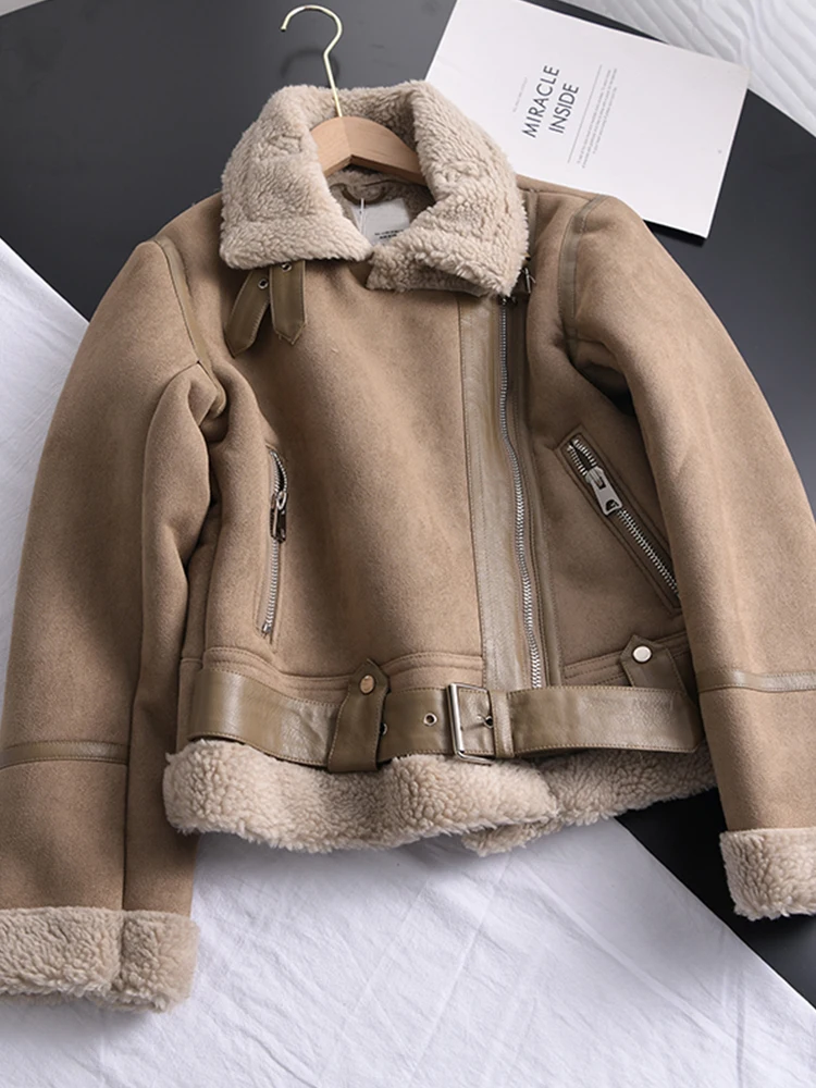 Lady Winter Women Thick Warm Suede Lamb Jacket Short Motorcycle Brown Coats Faux Shearling Sheepskin Leather Jackets Outwear - Image 2