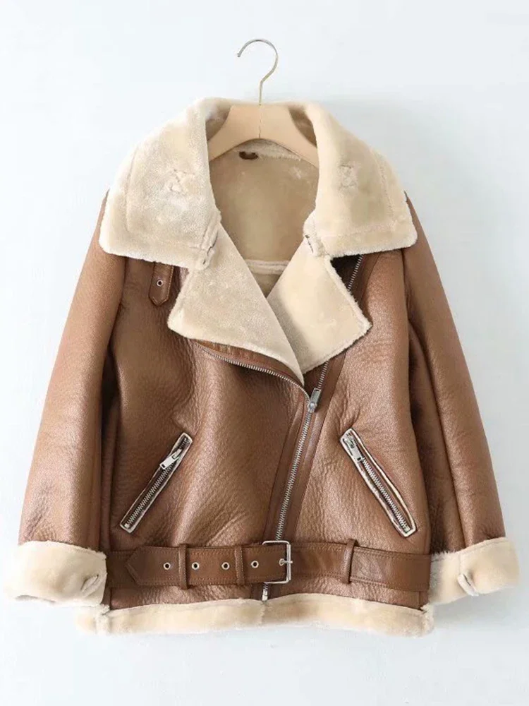 Lady Women Winter Warm Thick Windproof Motorcycle Coat with Belt Brown Suede Jacket Faux Lamb Leather Jacket Outwear - Image 3