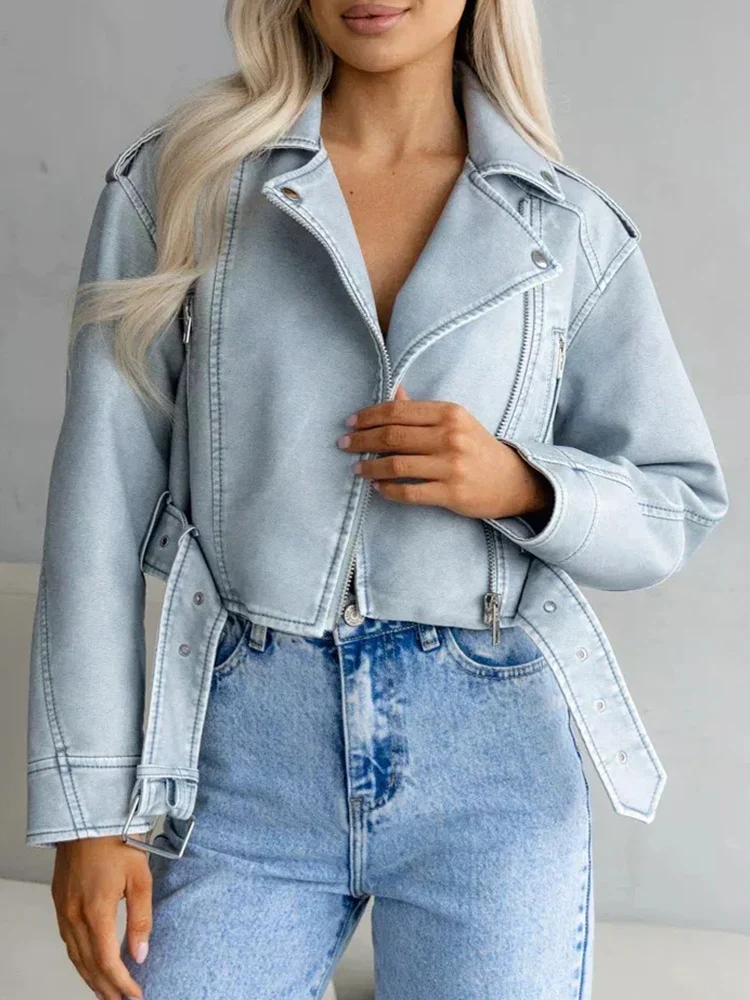 Lady Spring Autumn Women Retro Blue Faux Leather Jacket Streetwear Female Zipper Belt Coat Vintage Outwear