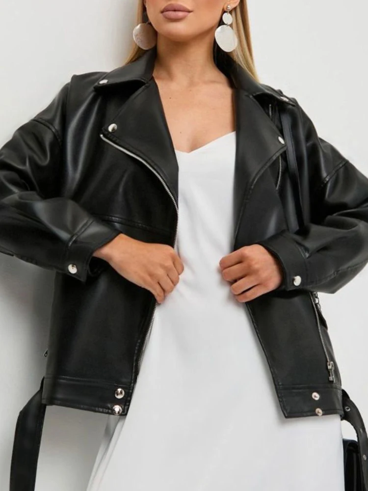 Lady Streetwear Women Moto Biker Loose Black Pu Faux Leather Jacket Spring Autumn Female Zipper Belt Coat Outwear - Image 2