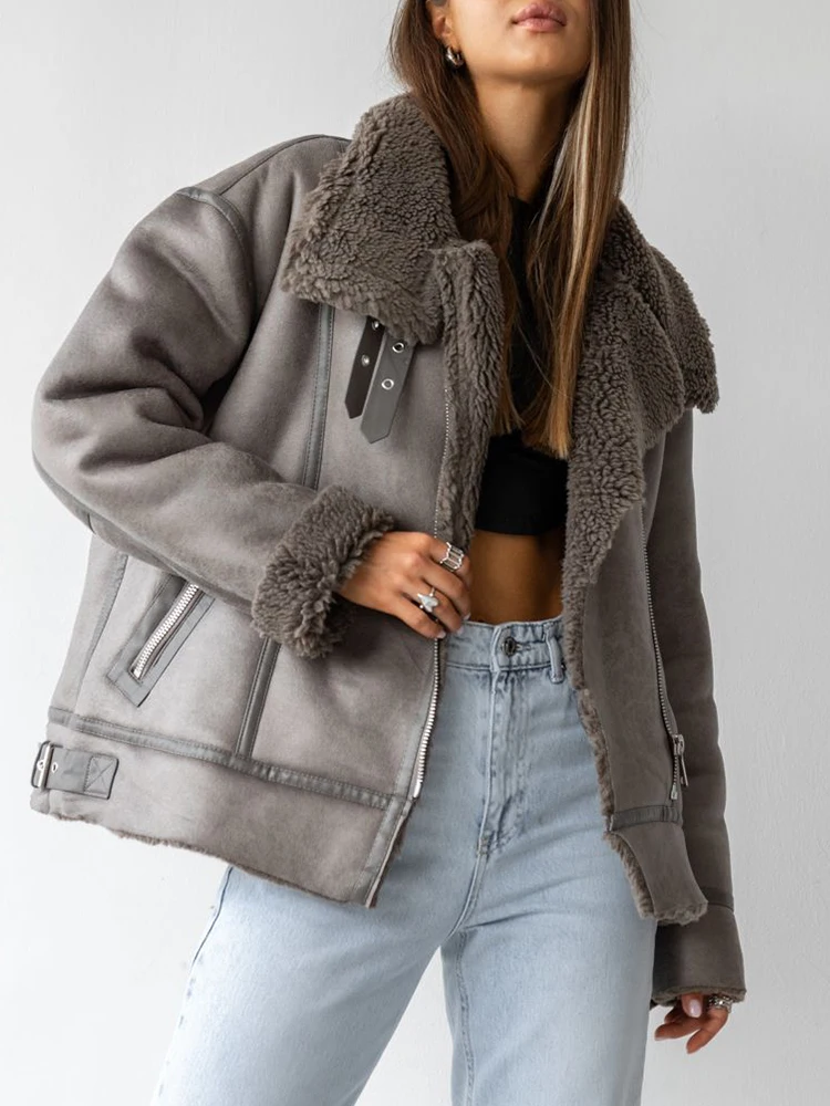 Lady Autumn Winter Women Loose Thick Warm Faux Suede Leather Fur Jacket Streetwear Female Vintage Spliced Coat Chic Outwear